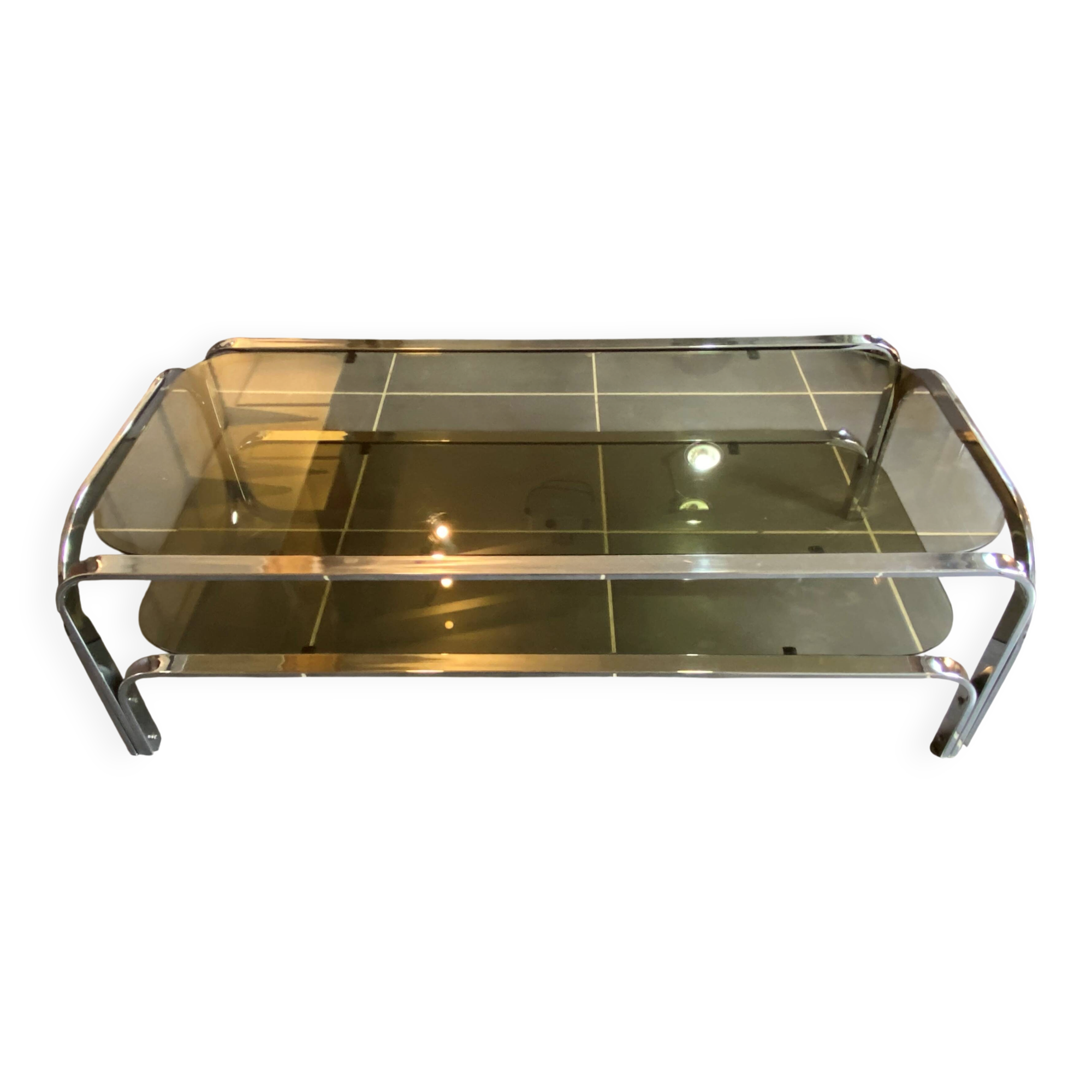 Table basse double plateau verre chrome style Bauhaus vintage 1970