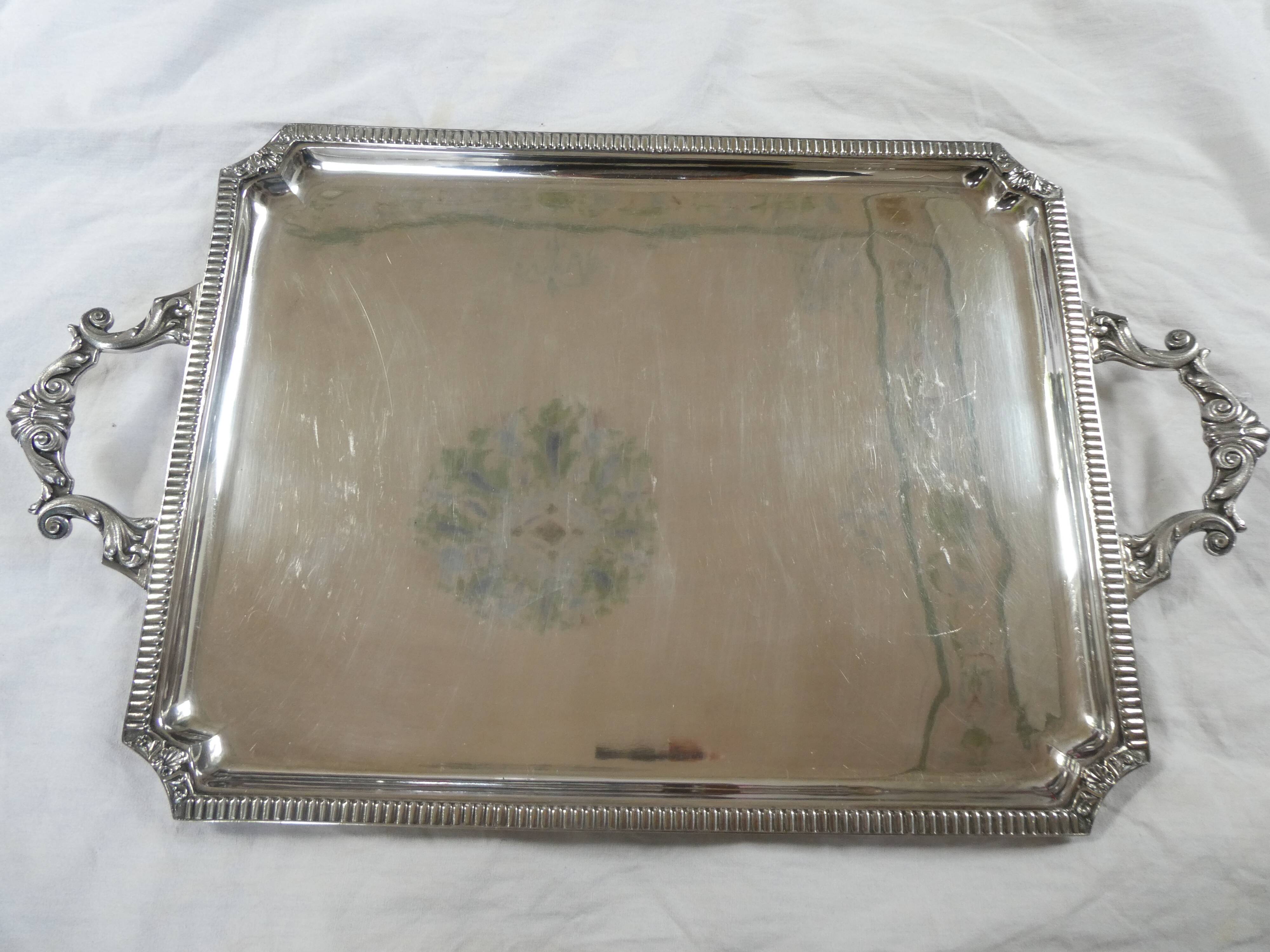 Large rectangular silver metal tray with handles Maison Wiskemann