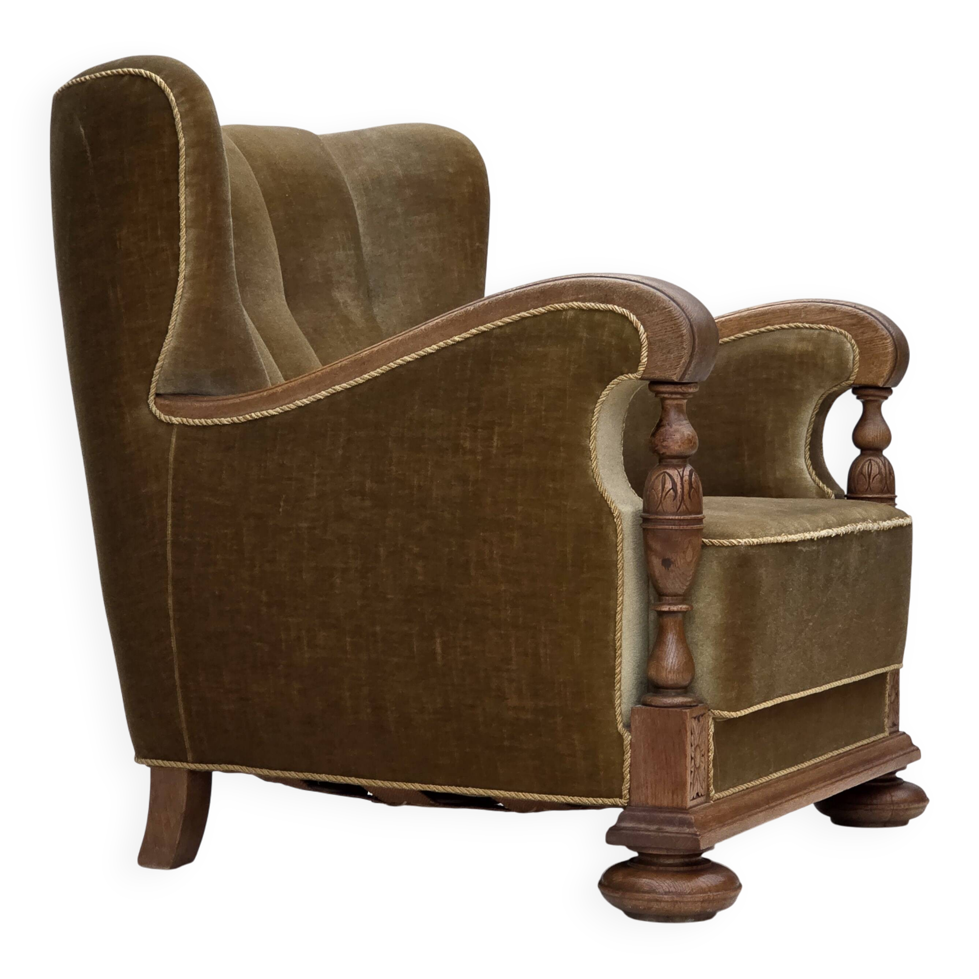 1960s, Danish armchair, green furniture velour, solid carved oak wood.