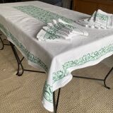 Large tablecloth and its 10 old napkins embroidered with cross stitch - 210x120 - cotton