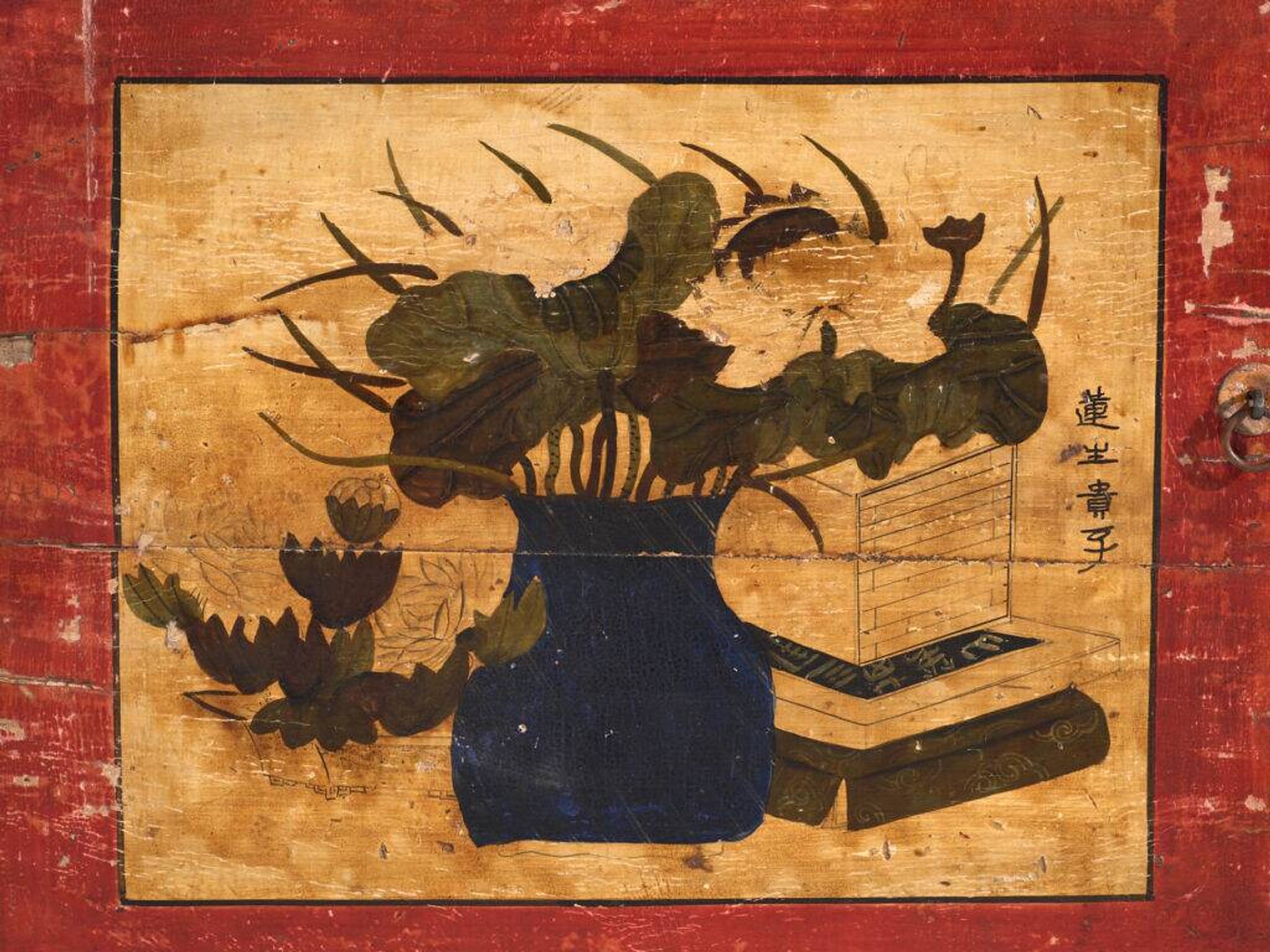 Antique lacquered pine buffet with painted lotus motifs – China, circa 1920