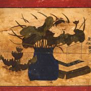 Antique lacquered pine buffet with painted lotus motifs – China, circa 1920