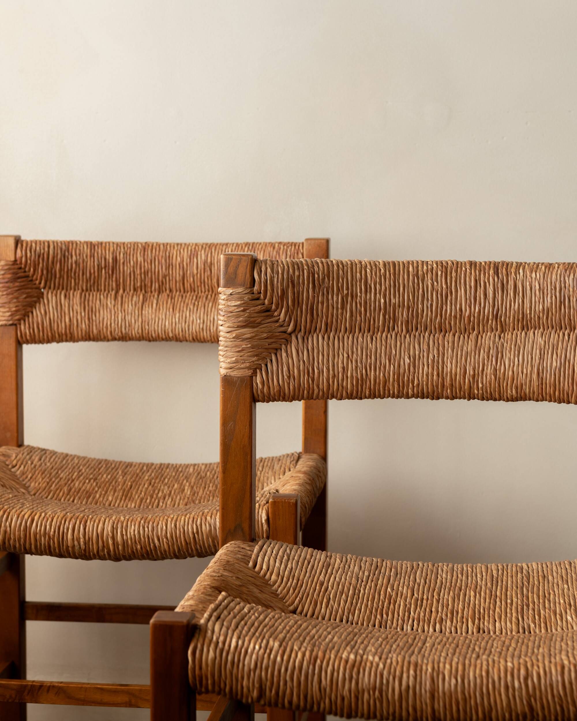 Vintage set of six French mid-century dining chairs in wood and rush, 1960s