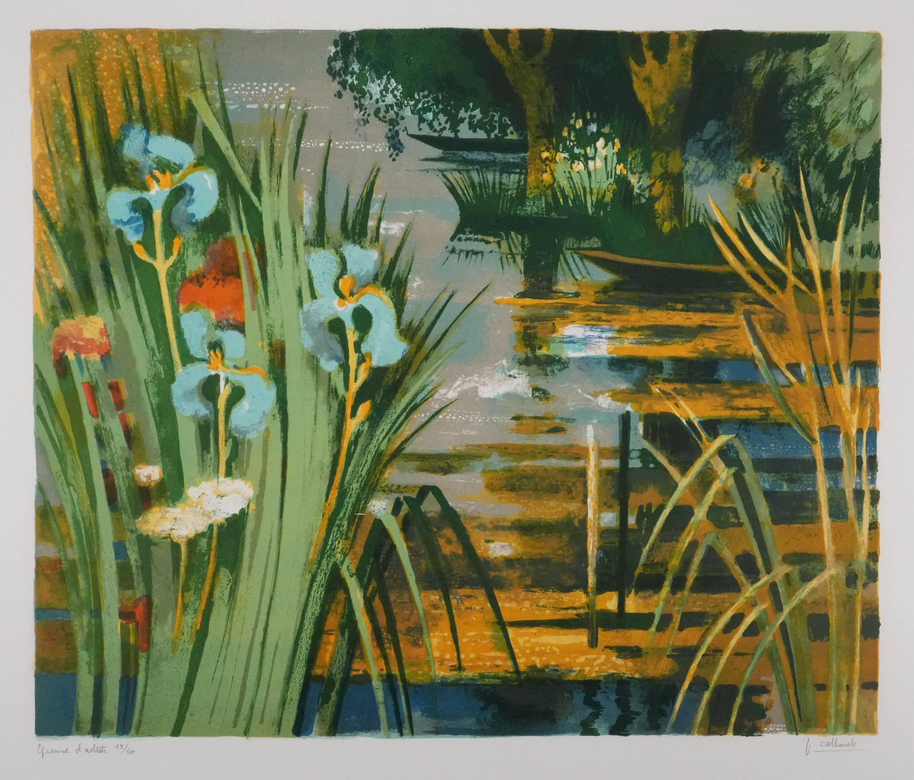 Paul collomb : les iris bleues, lithographie originale signée