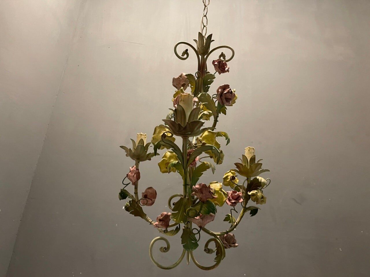 Italian Tole Ceramic Flower Chandelier, 1960s
