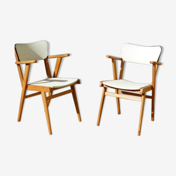 Pair of Bridge skai and wood chairs years 70's