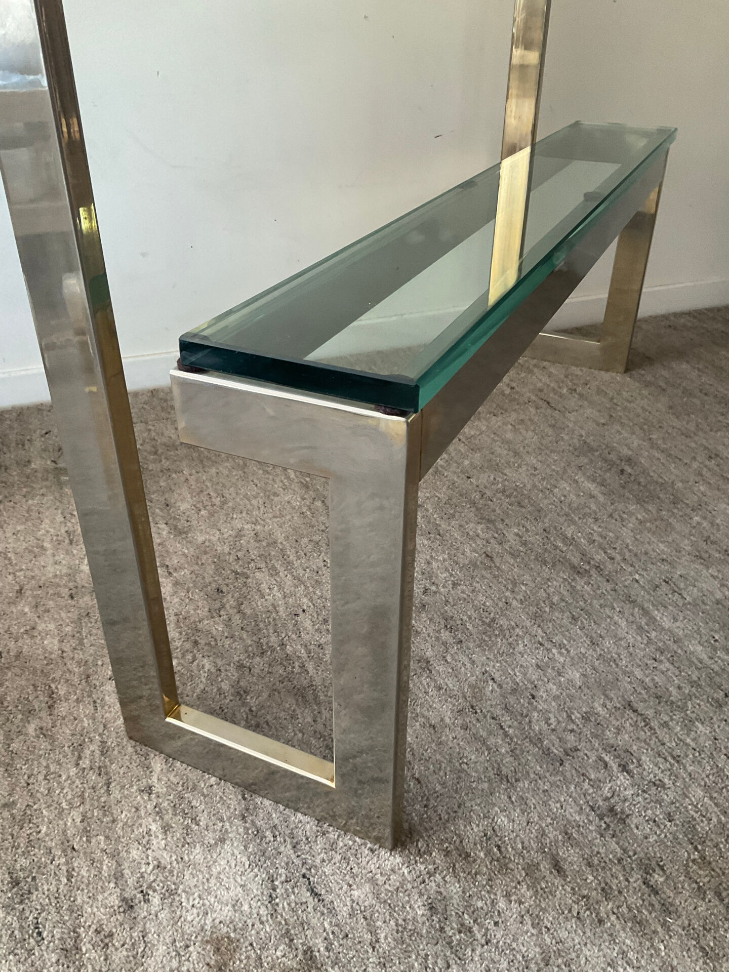 Console "G" by Belgochrom in brass and glass from the 1970s.