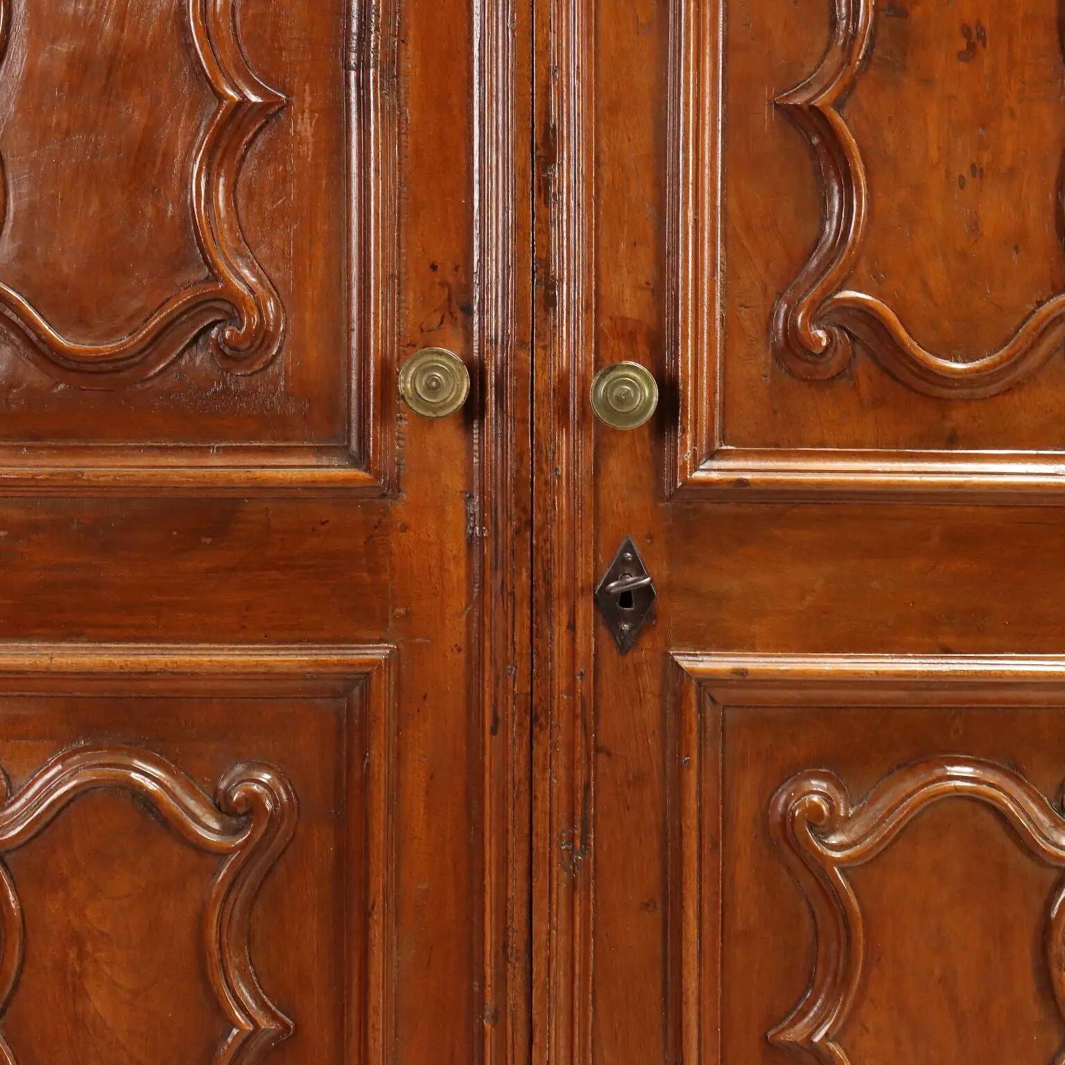 Antique baroque wardrobe in walnut and fabric, Piedmont, Italy, 18th century