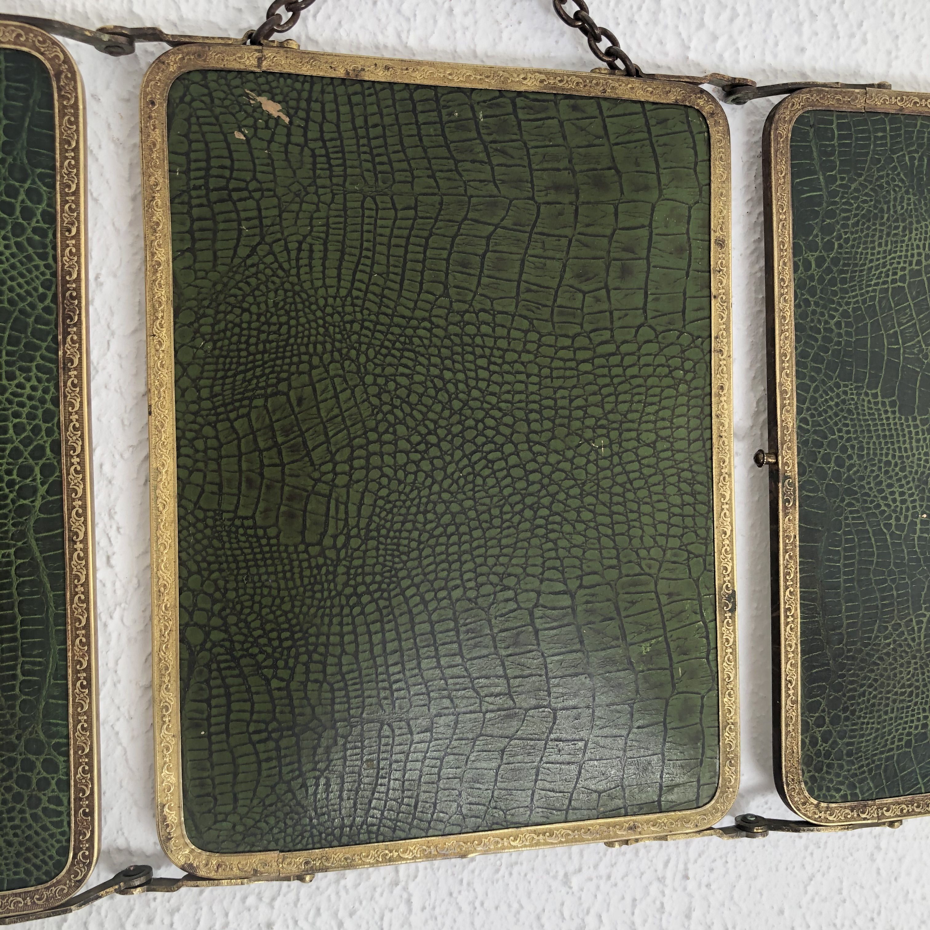 Miroir triptyque barbier doré vert anglais vintage 1930 - 24 x 57 cm