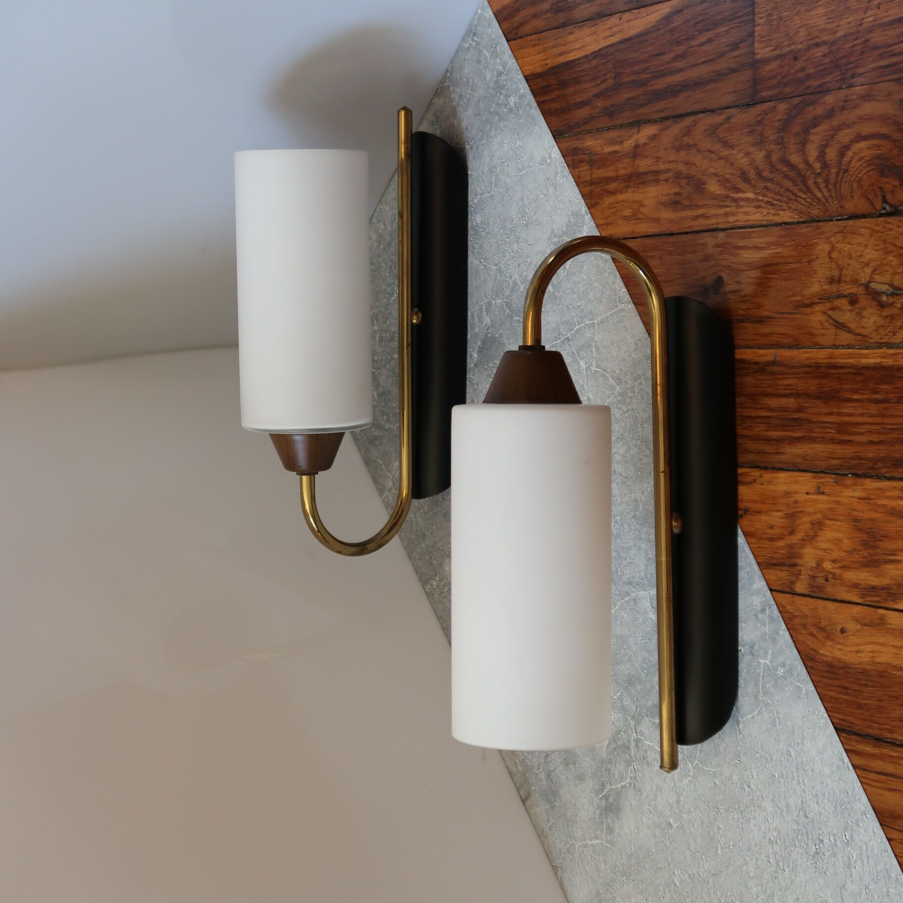 Pair of brass and opalin glass sconces