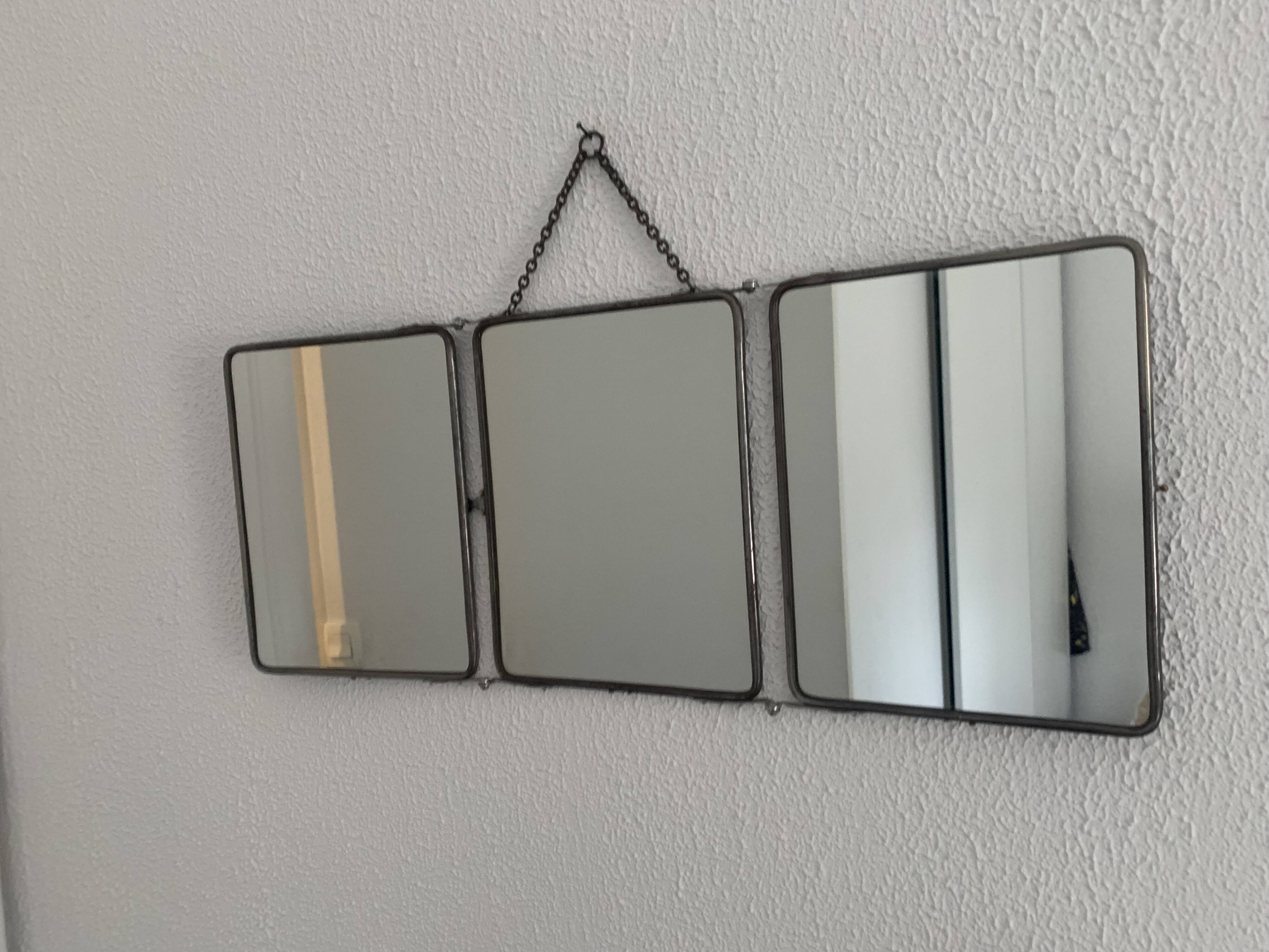 Vintage 1950s triptych barber mirror in black faux lizard - 27 x 67