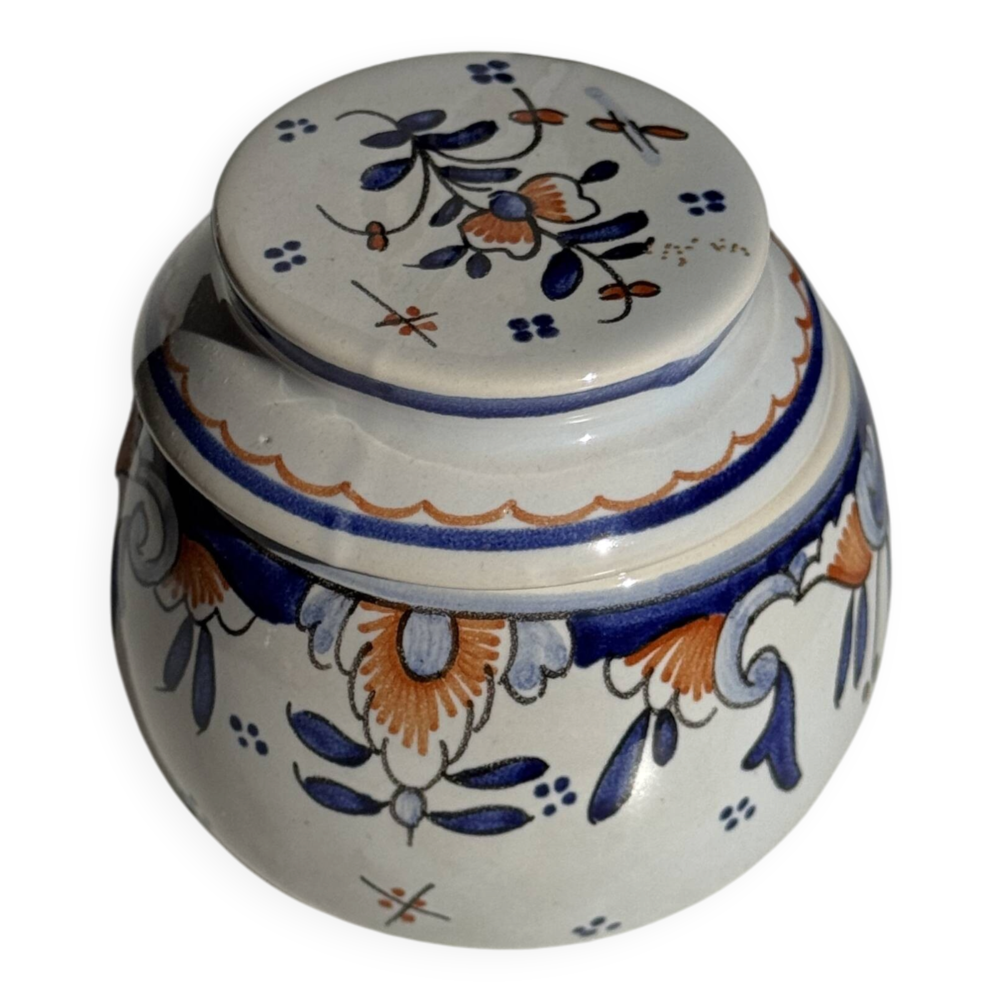 Small water butter dish in vintage earthenware with blue and orange floral patterns D10