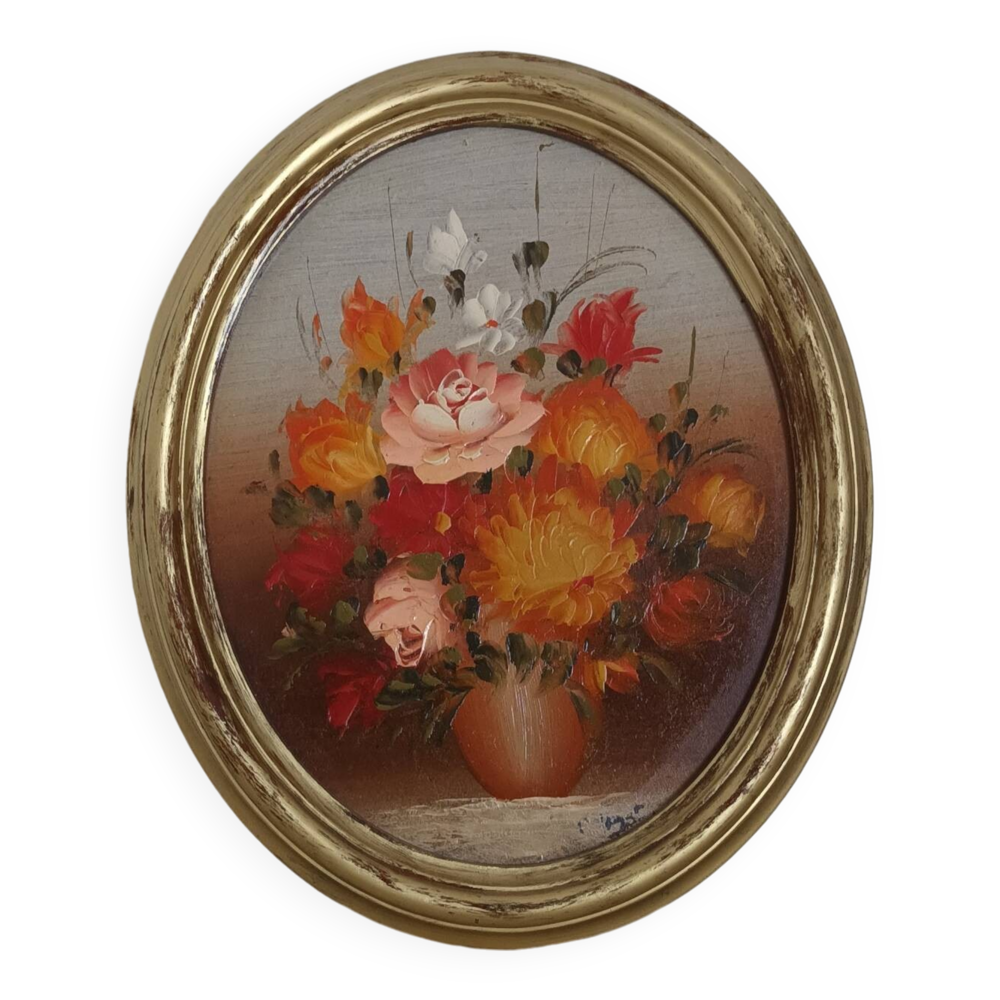 20th century oil on wood bouquet painting
