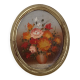 20th century oil on wood bouquet painting