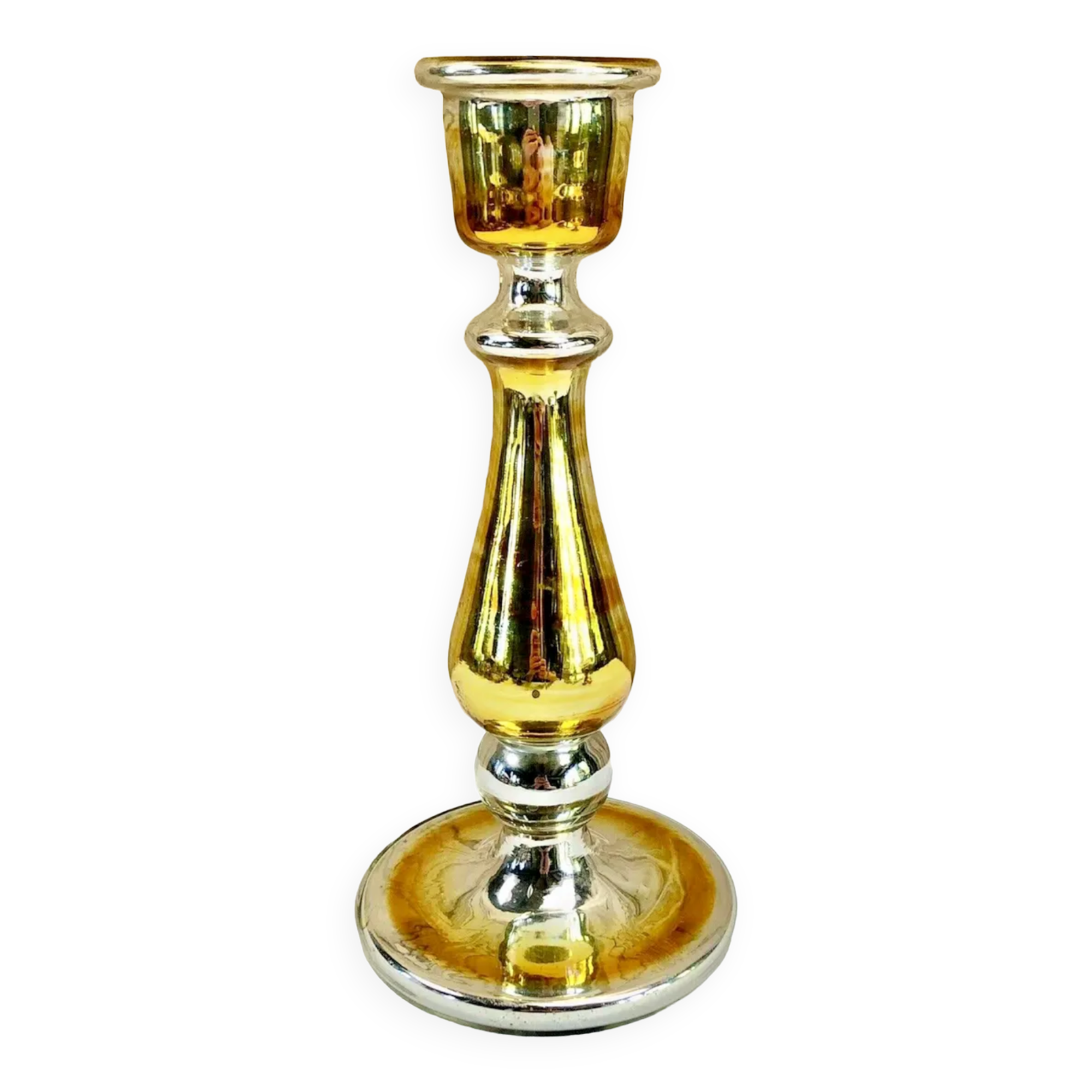 Old candle holder XIX gilded mercurized eglomised glass