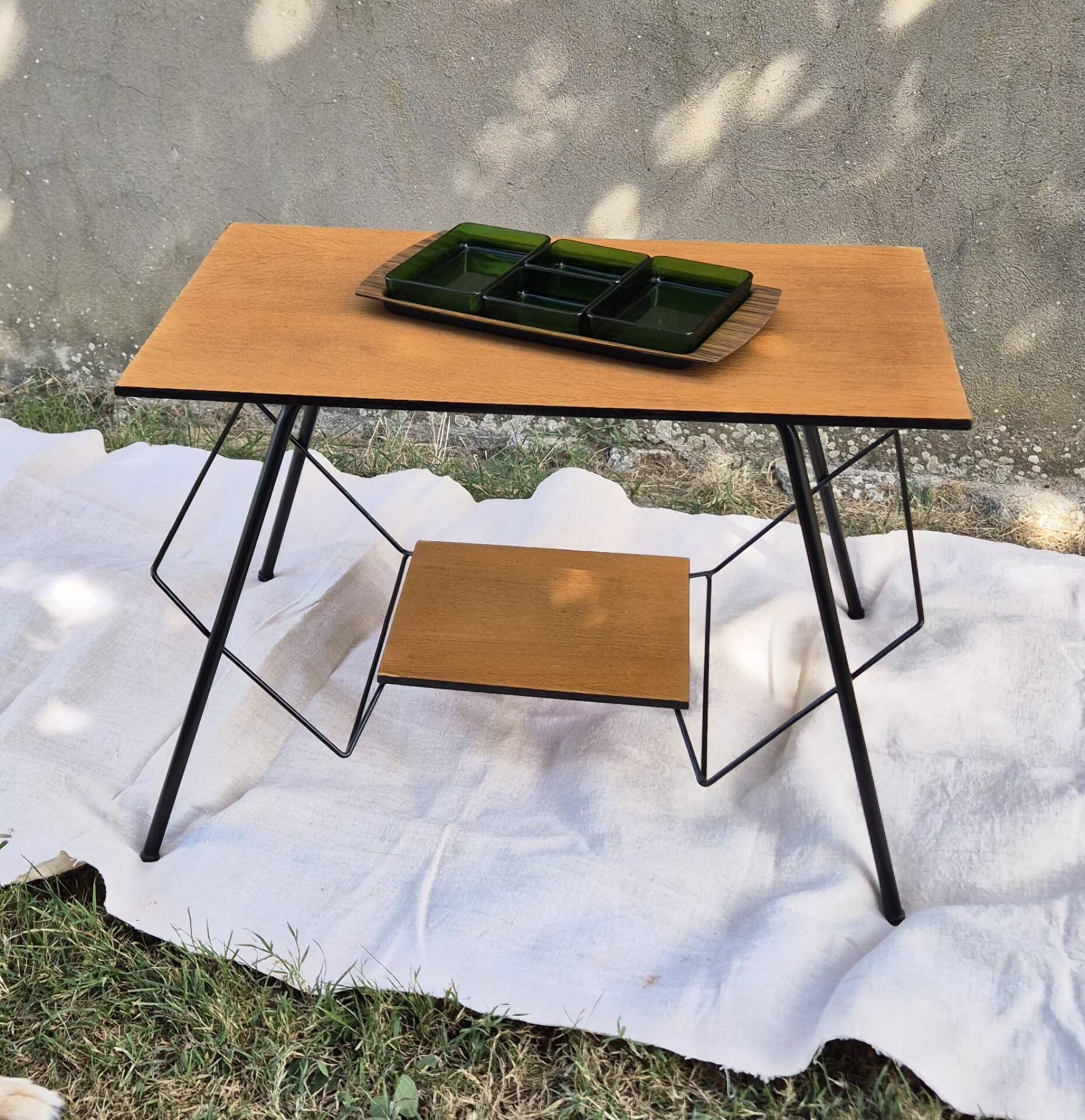 Small table, vintage Scandinavian TV unit in metal and wood, renovated.