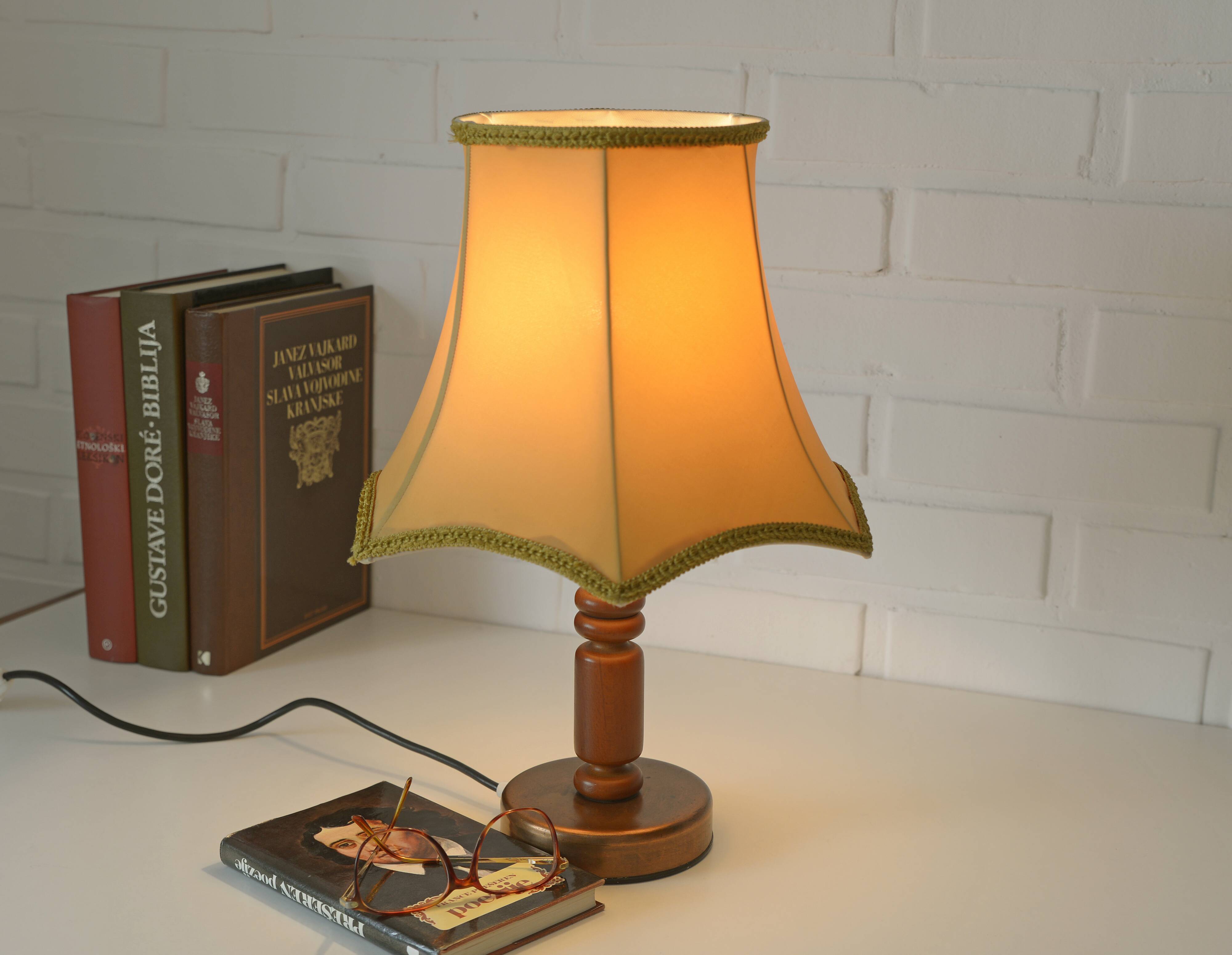 Large Vintage Bedside Lamp / French Style Table Light / Gold Textile Shade