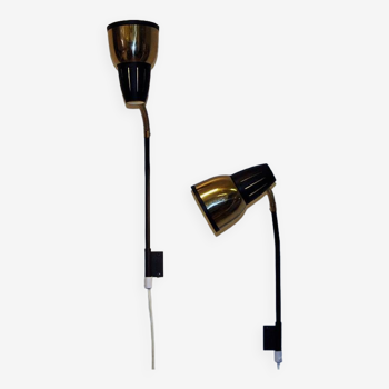 Norwegian brass and black metal wall lamp pair by RA-GLA 1960s