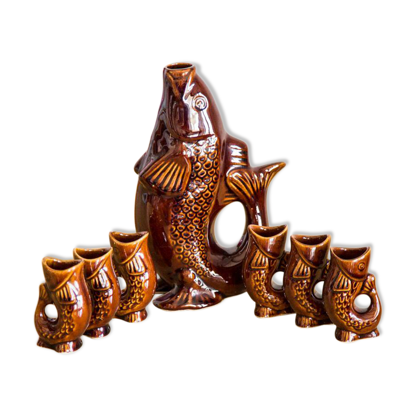 Set de 7 poissons en verre brun, Europe, 1960s
