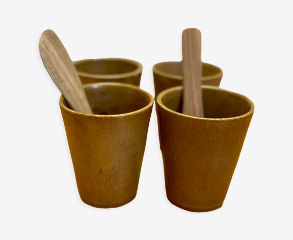 Ensemble de 4 tasses verres gobelets en grès Digoin et cuillères en bois