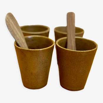 Set of 4 Digoin stoneware cups, glasses and wooden spoons