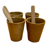 Ensemble de 4 tasses verres gobelets en grès Digoin et cuillères en bois
