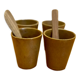 Set of 4 Digoin stoneware cups, glasses and wooden spoons