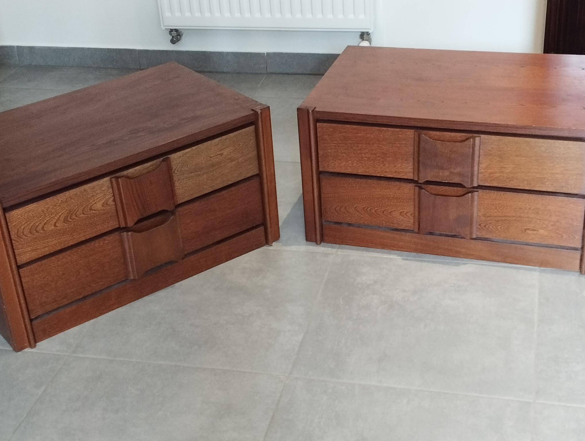 Pair of vintage Scandinavian design modules, bedside table, chest of drawers, sideboard, table.