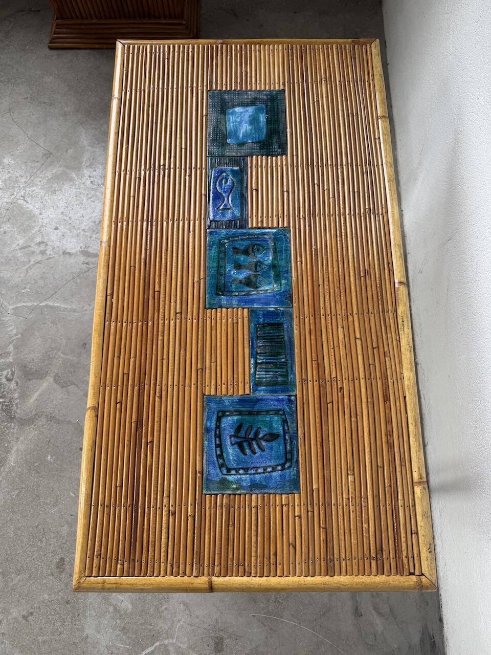 Rattan and ceramic coffee table, 60s