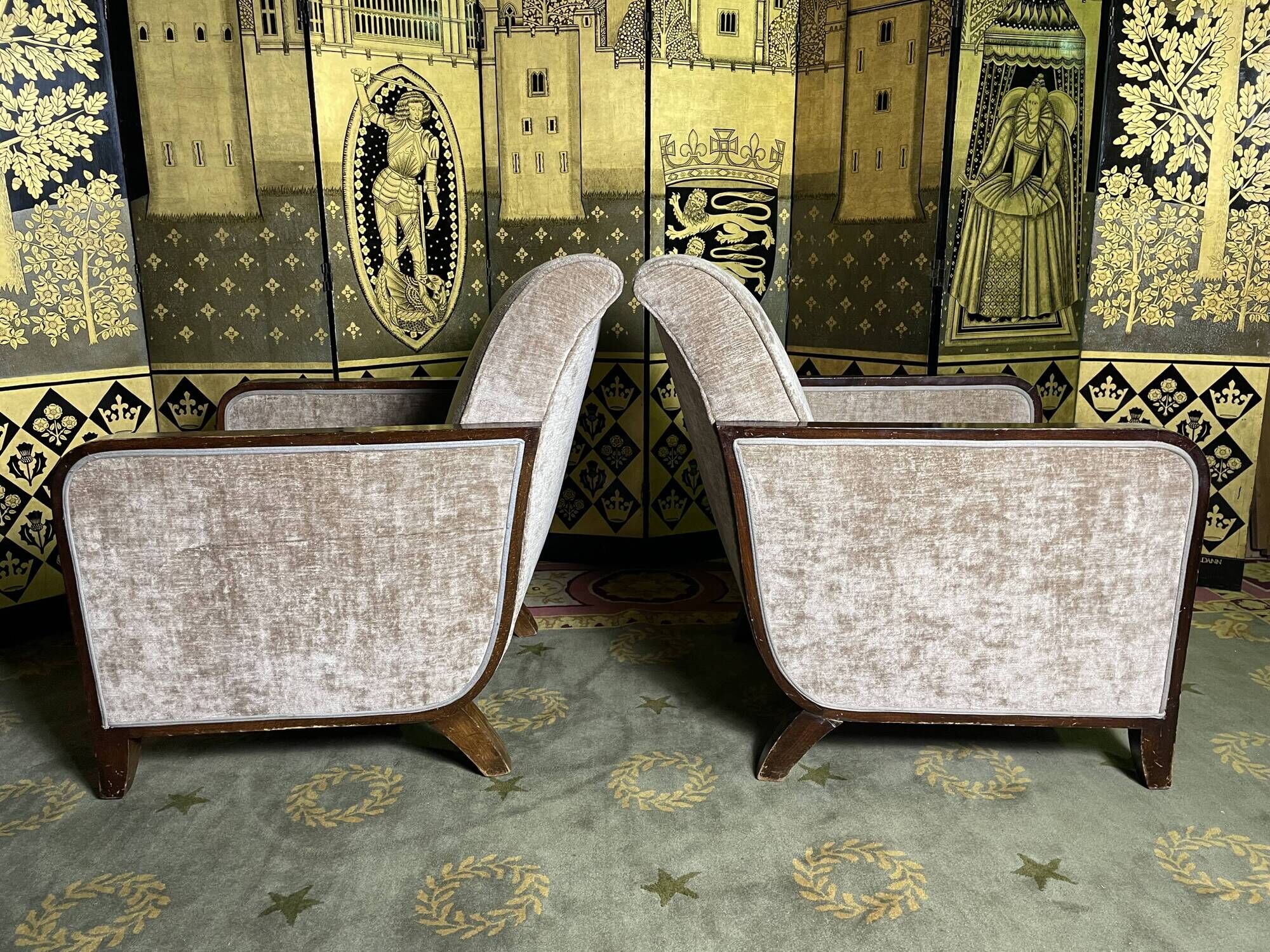 Pair of Art Deco armchairs in taupe velvet