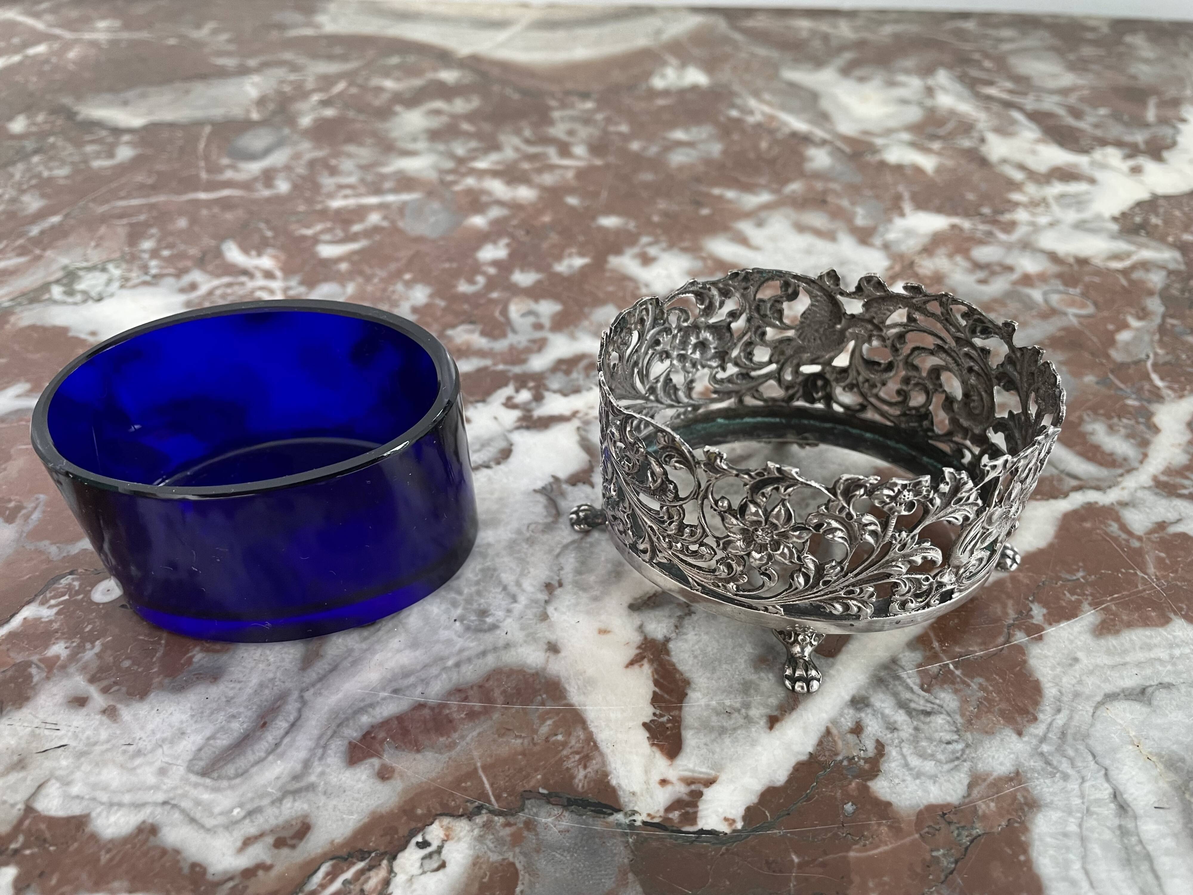 Vintage, salt shaker, saleron, metal, silver 830, indigo blue glass, eagle decoration, flowers, hallmark