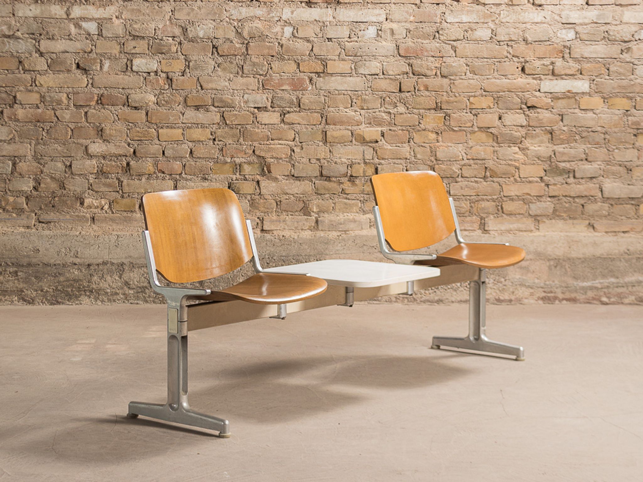 Waiting room bench, with 2 seats and a shelf, signed Castelli