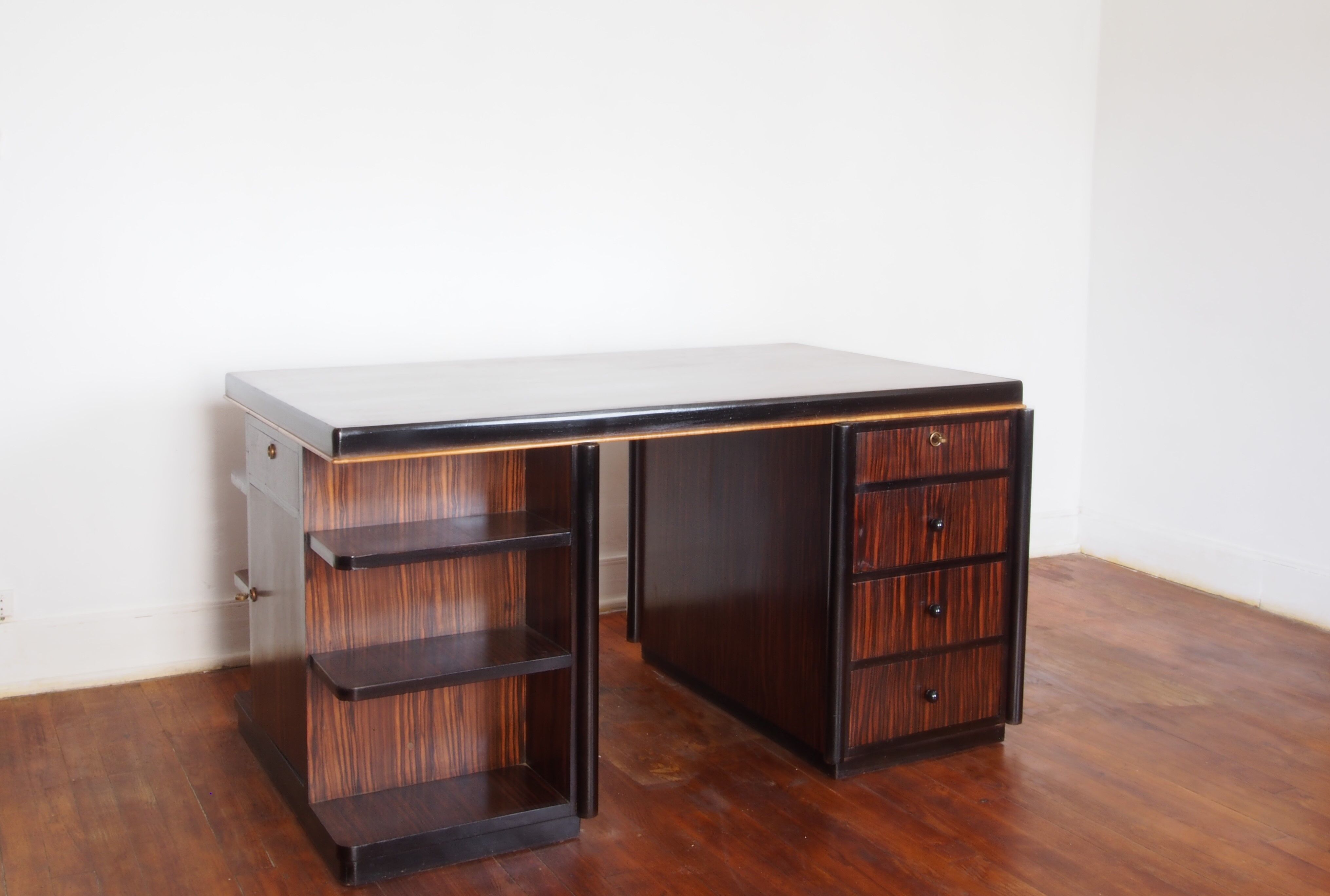 Double-sided Art Deco desk in macassar ebony and blackened wood