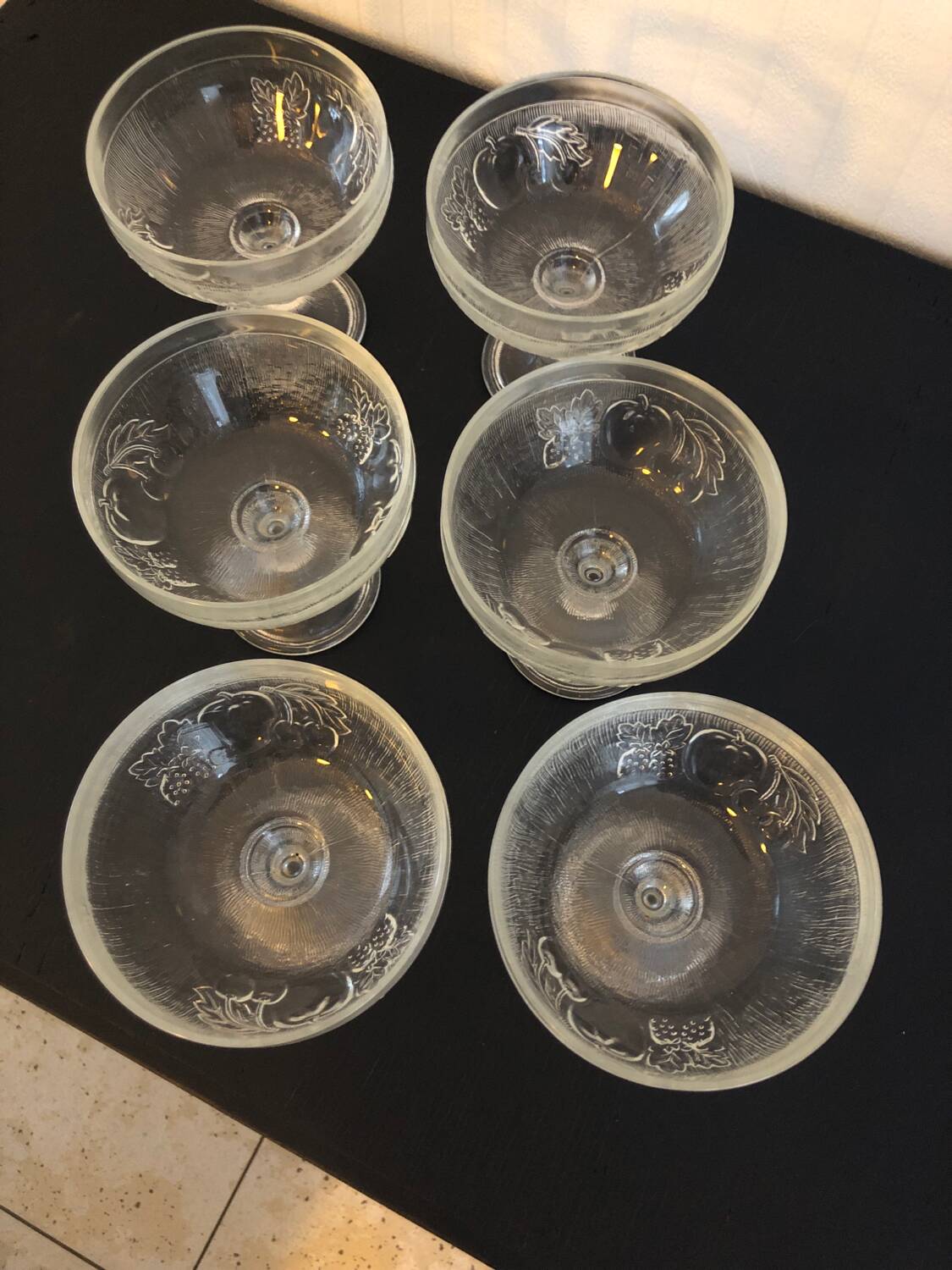 6 Vintage Glass Fruit Bowls Engraved with Fruits