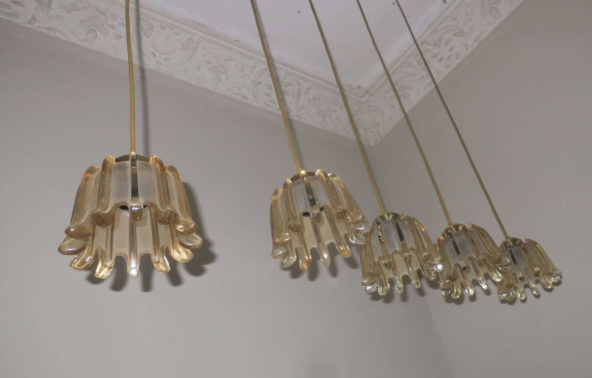 Set of 5 Doria  pendant lights in brass and amber-coloured glass, 1960s