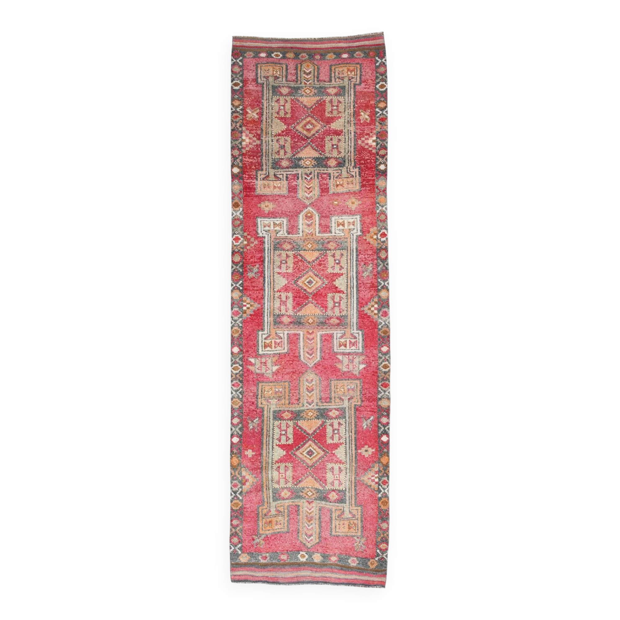 4x12 Vintage Long Wide Vintage Runner, Soft Red Wool Runner Rug, 104x363Cm