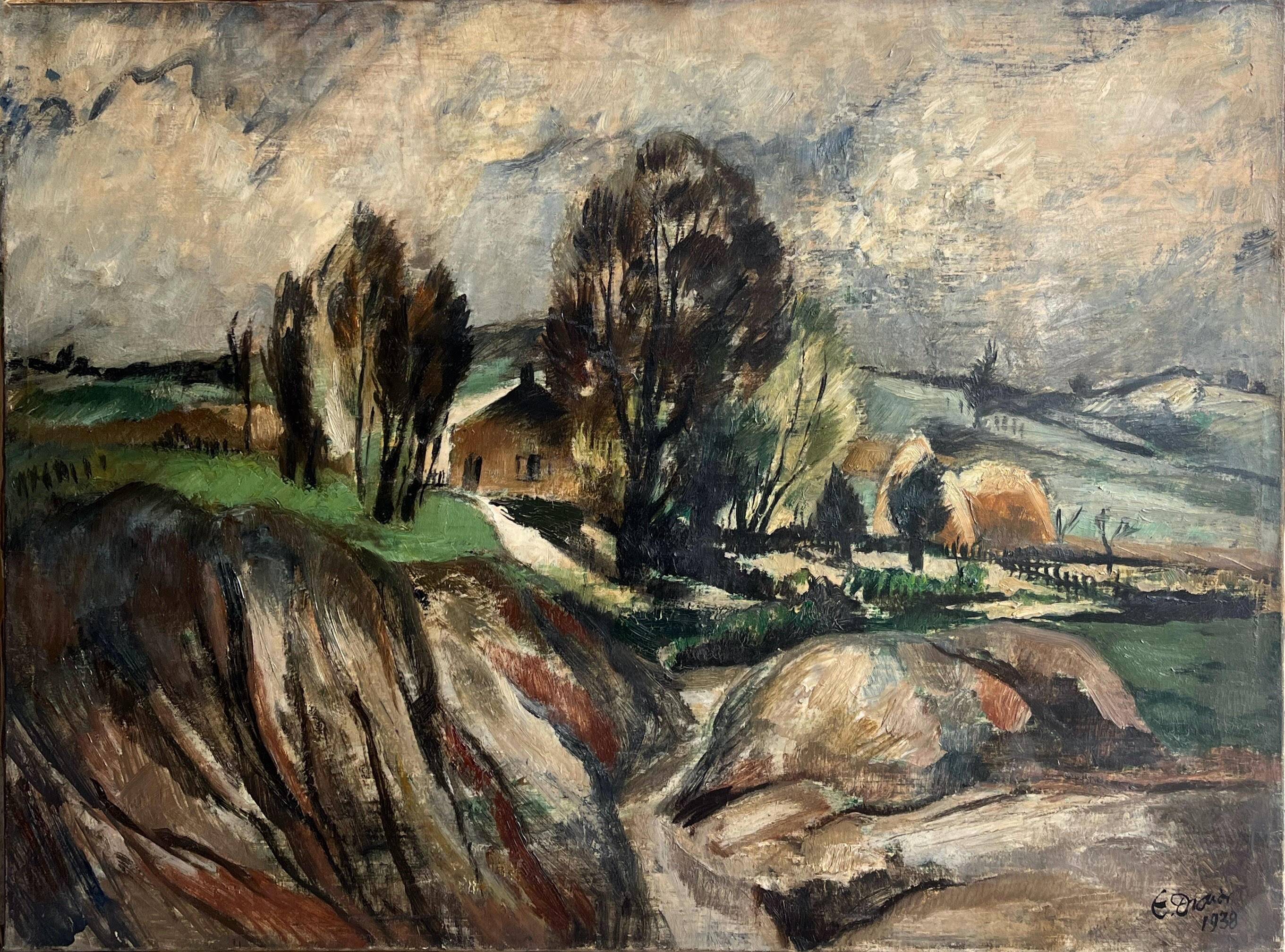 House and hills, signed E Didier 1938, oil on canvas, 65x92cm, unframed