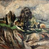 House and hills, signed E Didier 1938, oil on canvas, 65x92cm, unframed
