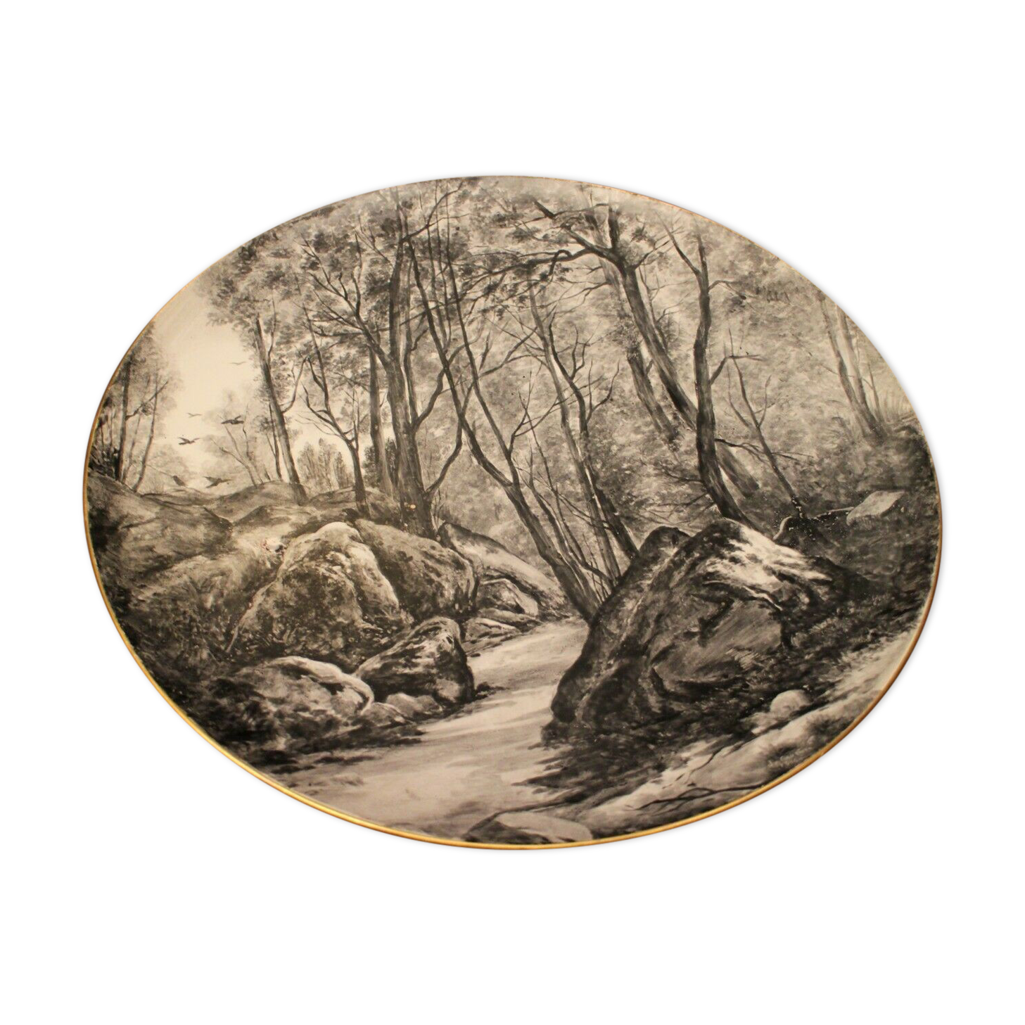 Important earthenware dish Creil Montereau forest Fontainebleau signed Gauthier 1886