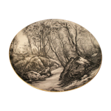 Important earthenware dish Creil Montereau forest Fontainebleau signed Gauthier 1886