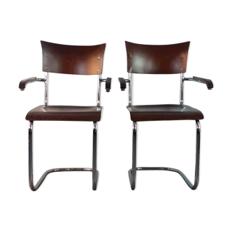 Paire de chaises en noyer design Mart Stam édition Mücke Melder 1930 Tchécoslovaque