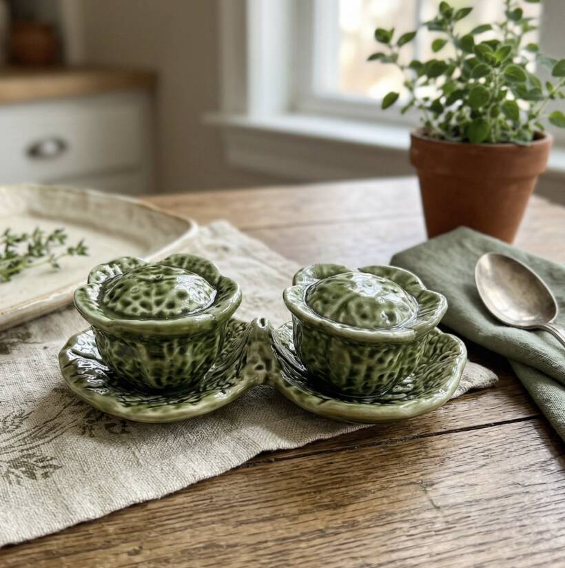 Salt and pepper shakers in the shape of a cabbage leaf.