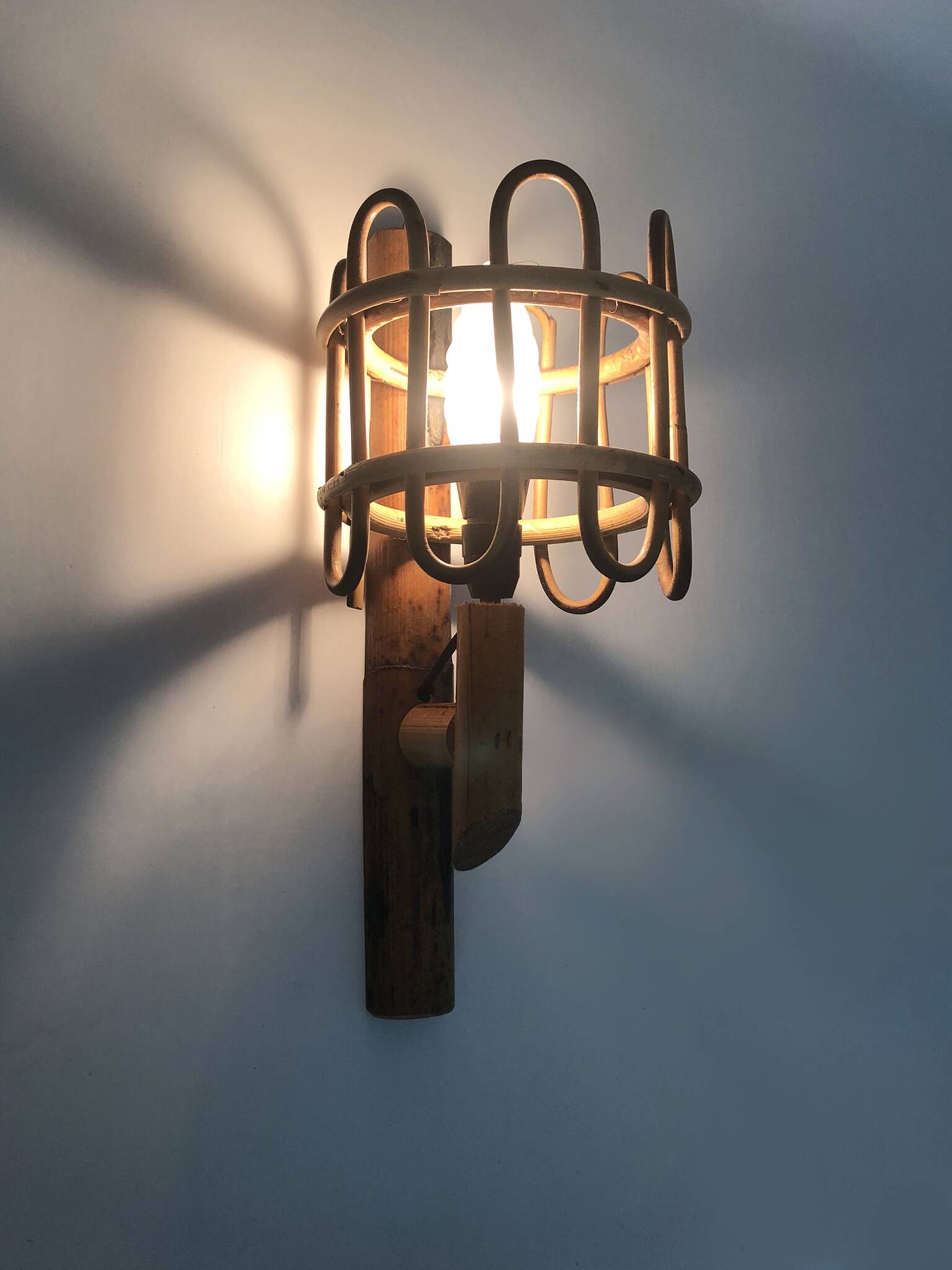 Rattan bamboo lantern wall light. 1950s-1960s