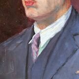 Old oil painting on cardboard portrait of a man in a blue suit
