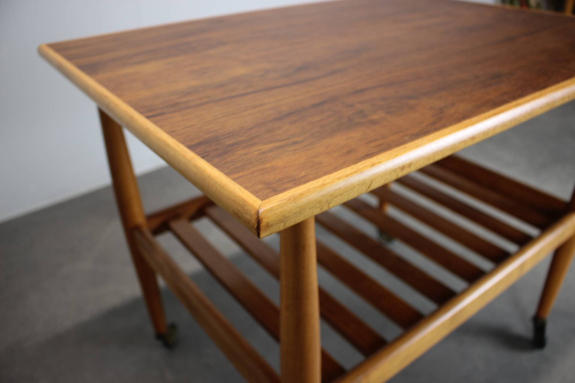 Restored Danish teak rolling table with shelf, 1960s