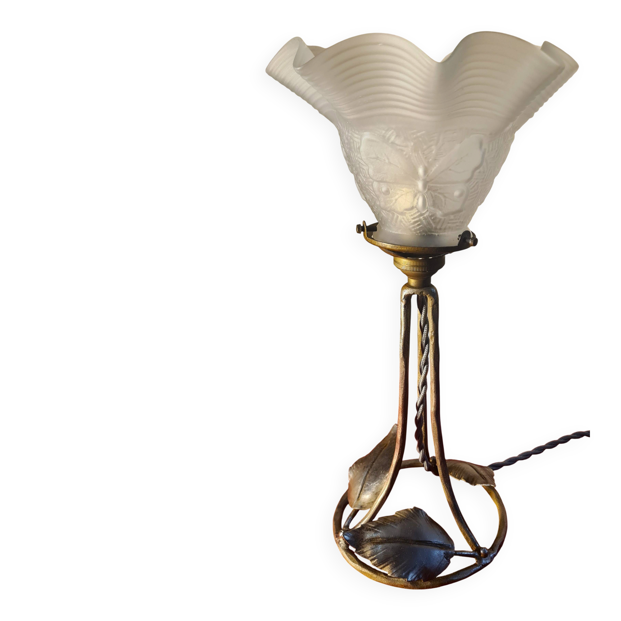 lampe fer nickelé 1900 a 20 tulipe verre papillon 32x16