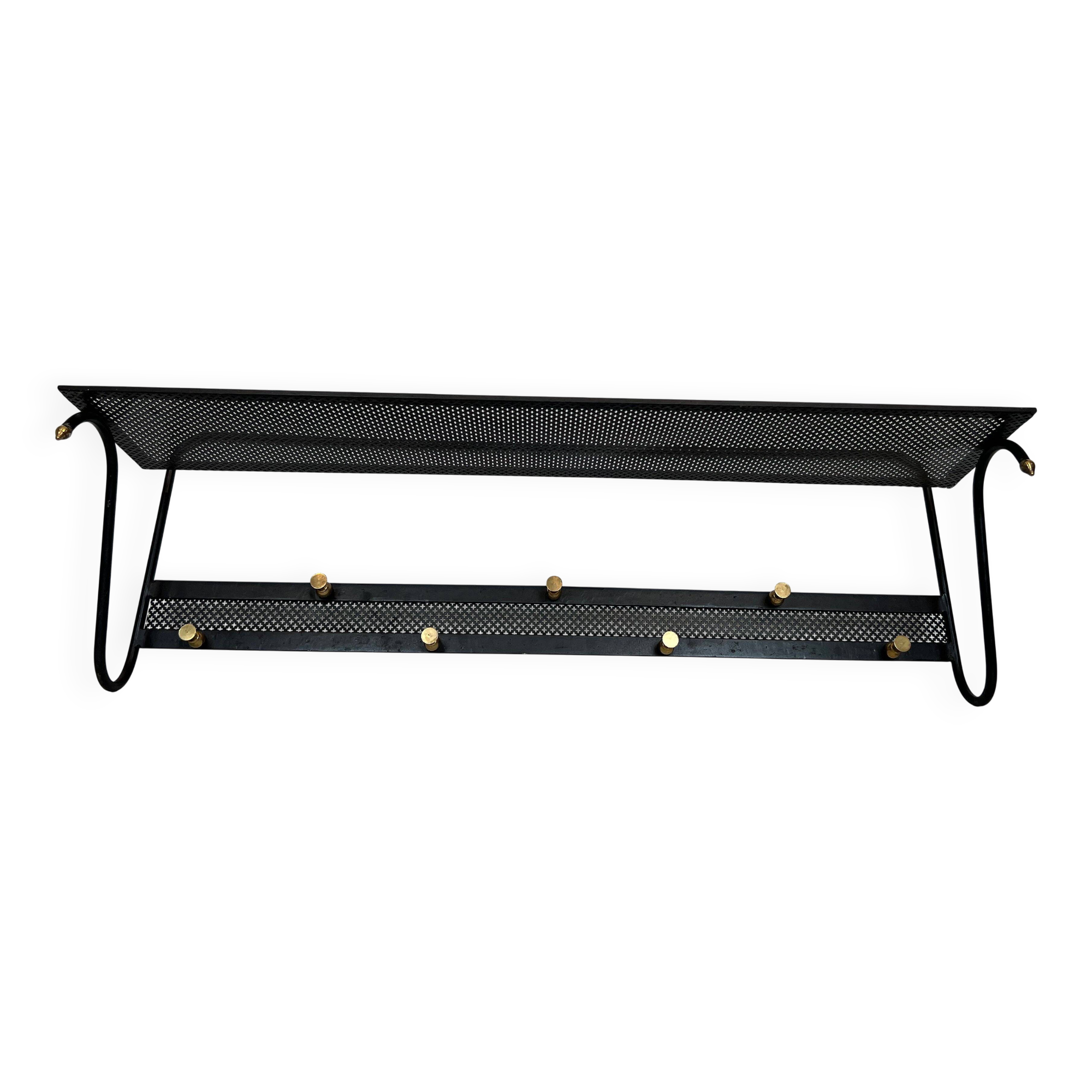 Coat rack in black lacquered metal, perforated sheet metal and brass in the style of Mathieu Matégot