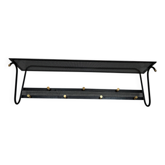 Coat rack in black lacquered metal, perforated sheet metal and brass in the style of Mathieu Matégot
