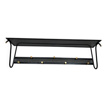 Coat rack in black lacquered metal, perforated sheet metal and brass in the style of Mathieu Matégot