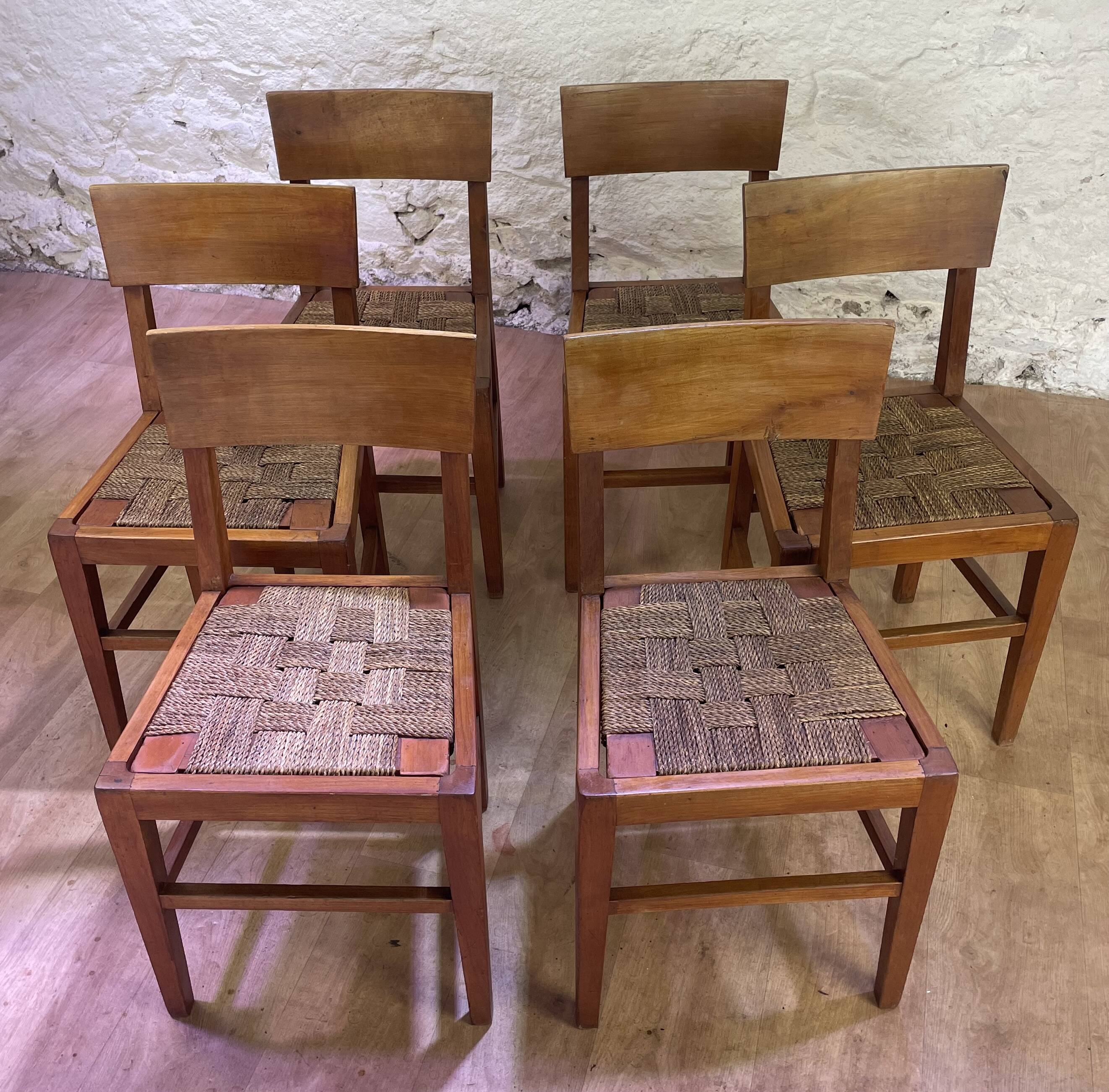 Set of 6 wooden and braided rope chairs